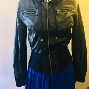 Black faux leather hoodie jacket